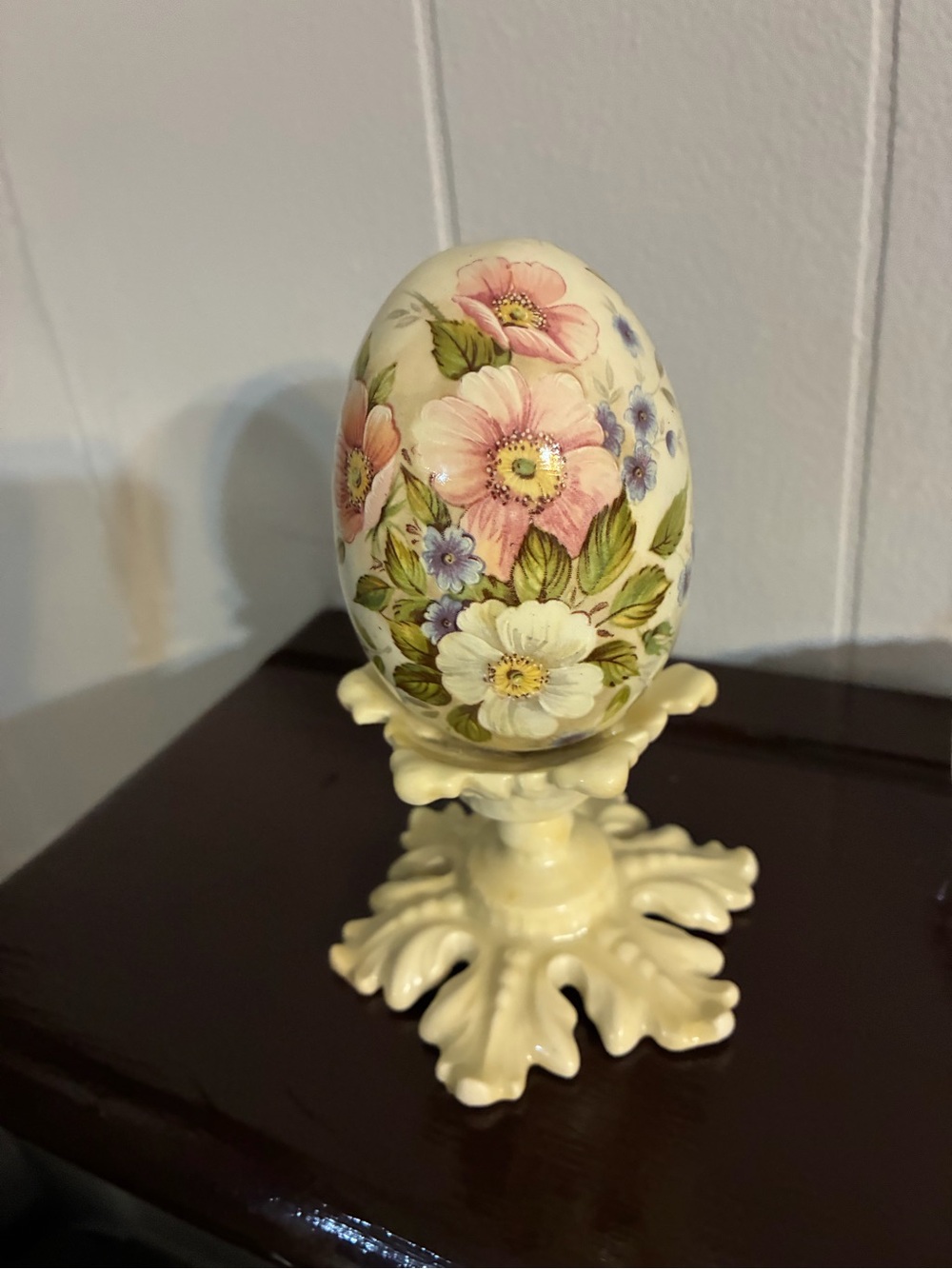 Painted Floral Decorative Egg in Cream with Pink and White Flowers